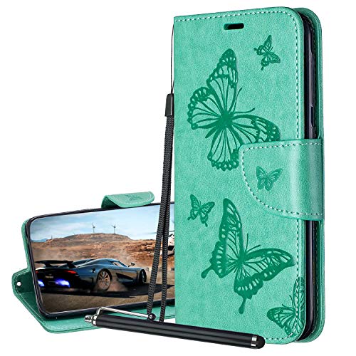 Laybomo Hülle für Huawei Y5 (2019) AMN-LX9 Ledertasche Schmetterling Schuzhülle Weiches TPU Silikon Cover Magnetisch Brieftasche Schale Handyhülle Honor 8S mit Visitenkartenhüllen (Grün) von Laybomo