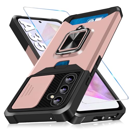 Layeri Handyhülle für Samsung Galaxy A35 Hülle Militärische mit Schutzfolie Galaxy A35 5G Hüllen Case Brieftasche Kameraschutz Stoßfest Ring Ständer Magnet Schutzhülle für Samsung A35 Cover (Roségold) von Layeri