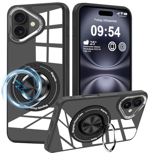 Layeri für iPhone 16 Hülle mit Magnetisch Ständer Militärschutz Kratzfest Handyhülle für iPhone 16 360° Metall Ring Stoßfest Bumper Transparent Rückseite Schutzhülle für iPhone 16 Case von Layeri