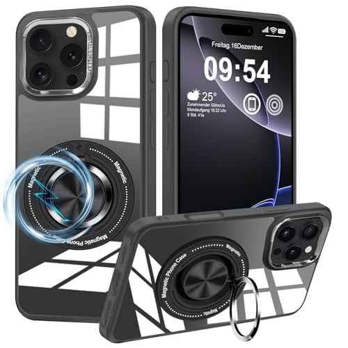 Layeri iPhone 16 Pro Max Hülle mit Magnetischem Ständer, Militärischer Schutz, Kratzfest, 360° Metall Ring, Stoßfest, Transparent Rückseite, Schwarz von Layeri