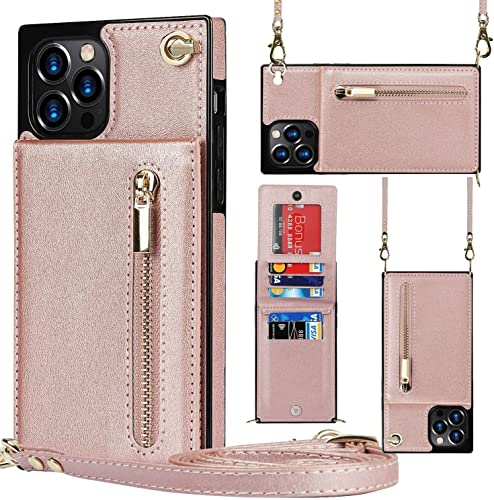 Casetic Crossbody Wallet für iPhone Hülle Kreditkartenhalter, Schutzhülle für iPhone 14 Pro Max/13/12/11, PU Leder Reißverschluss Kartenschlitz -Schutzbrieftasche Flip mit Riemen von Lcmei