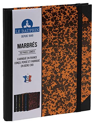 Le Dauphin 267204D Notizbuch, liniert, mit schwarzem Gummiband, 22 x 17 cm, vertikales Format, 192 Seiten, orangefarbener marmorierter Einband von Le Dauphin