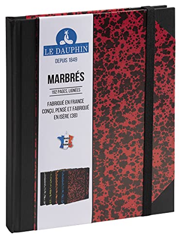 Le Dauphin 267205D Notizbuch, liniert, mit schwarzem Gummiband, 22 x 17 cm, vertikales Format, 192 Seiten, rot marmorierter Einband von Le Dauphin