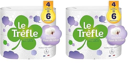 Le Trefle® Douceur Fleur de Coton – Toilettenpapier – 4 Maxi-Rollen : 6 klassische Rollen – Lotion mit Baumwollextrakten – recycelbare Papierverpackung – FSC®-zertifiziertes Papier weiß von Le Trèfle