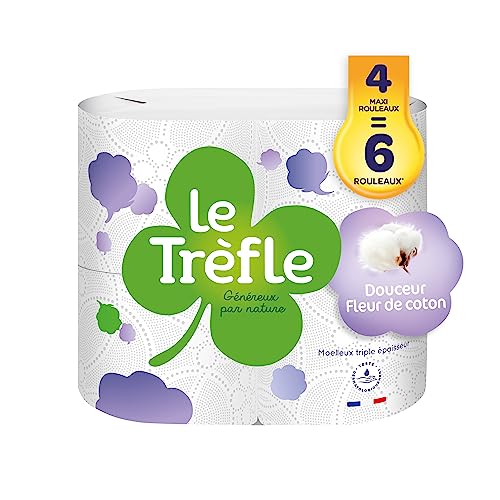 Le Trefle® Douceur Fleur de Coton – Toilettenpapier – 4 Maxi-Rollen = 6 klassische Rollen – Lotion mit Baumwollextrakten – recycelbare Papierverpackung – FSC®-zertifiziertes Papier weiß von Le Trefle