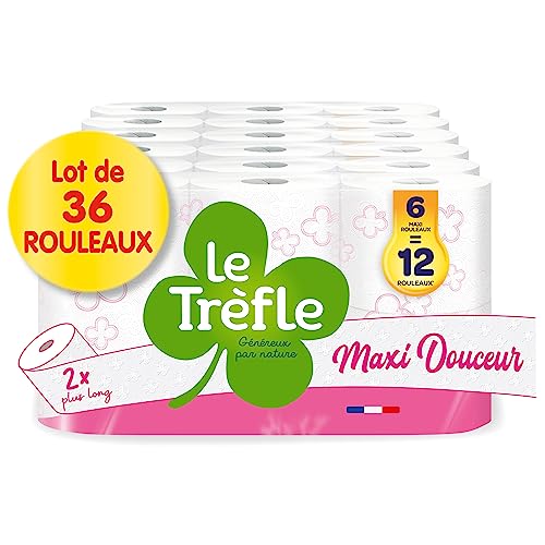 Le Trèfle Maxi Douceur Toilettenpapier – 36 Maxi-Rollen – 72 klassische Rollen – doppelte Dicke – 80% recycelte Kunststoffverpackung von Le Trefle
