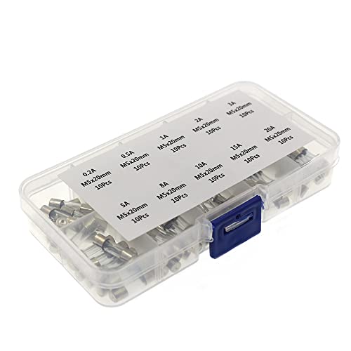 LeHang 100 Stück 5 x 20 mm schnell blasende Glasrohrsicherungen, sortiertes Kit Amp 0,2 A 0,5 A 1 A 2 A 3 A 5 A 8 A 10 A 15 A 20 A 250 V mit Box von LeHang