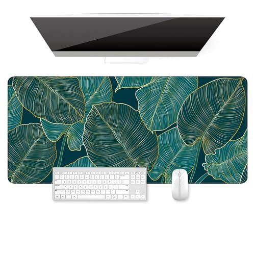 LeKuni Großes Gaming-Mauspad XXL – 900 x 400 mm – Gamer Mouse Pad mit Nähten an den Kanten – unter Hand für Büro – Zubehör für Büro, rutschfeste Gummiunterseite, Oberfläche (Grünes Blatt) von LeKuni