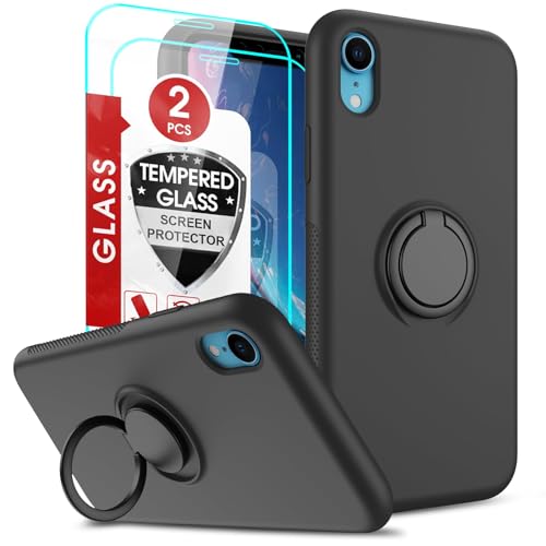 LeYi Flüssig Silikon Hülle für iPhone XR Handyhülle und 2*Schutzfolie, 360 Grad Ständer Kratzfest Stoßfest Gel Dünn Schutzhülle Case Cover Silikonhülle für Apple iPhone XR Schwarz von LeYi