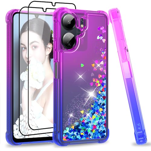 LeYi Glitter Hülle für Xiaomi Redmi 13C 5G Handyhülle [2*Hartglas Folie] Glitzer Flüssige Cover Bling Wasser Air Cushion Stoßfest Schutzhülle Redmi 13 C Case Handy Mädchen Lila Blau von LeYi
