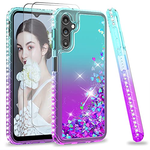 LeYi Glitzer Hülle für Samsung Galaxy A14 5G Handyhülle und 2*Schutzglas Schutzfolie, Rhinestone Glitter Flüssig Cover Bling Strass Schutzhülle Sparkling Case Handy Hüllen Frauen Türkis Lila von LeYi