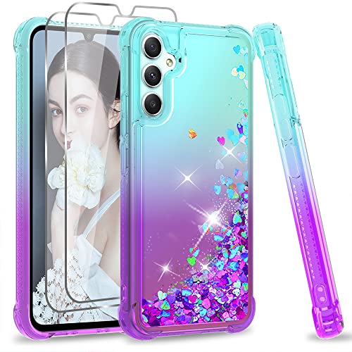 LeYi Glitzer Hülle für Samsung Galaxy A34 5G Handyhülle und 2 Schutzglas Schutzfolie,Glitter Flüssig Cover Bling Eckenschutz Stoßfest Schutzhülle Case Handy Hüllen Frauen Türkis Lila von LeYi