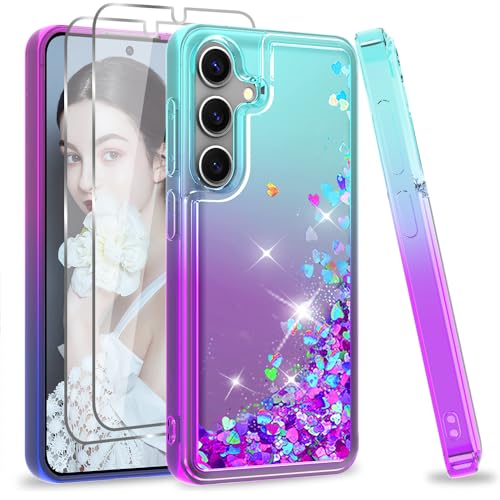 LeYi Glitzer Hülle für Samsung Galaxy S24 5G Handyhülle [2 Schutzglas Schutzfolie] Glitter Flüssig Cover Bling Eckenschutz Stoßfest Schutzhülle S 24 5 G Case Handy Hüllen Frauen Türkis Lila von LeYi