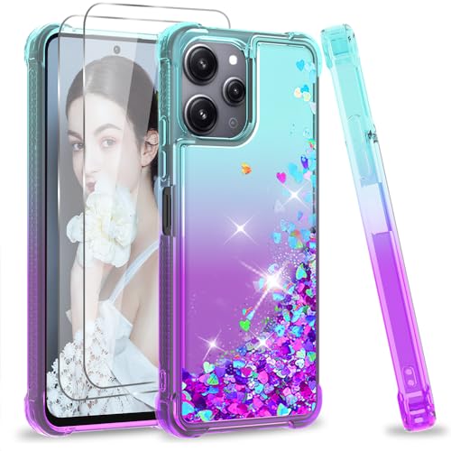 LeYi Glitzer Hülle für Xiaomi Redmi 12 4G 5G Handyhülle [2*Schutzglas Schutzfolie] Glitter Flüssig Cover Bling Eckenschutz Stoßfest Schutzhülle Case Handy Hüllen Frauen Türkis Lila von LeYi