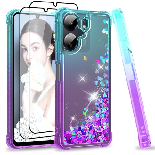 LeYi Glitzer Hülle für Xiaomi Redmi 13C 5G Handyhülle [2*Schutzglas Schutzfolie] Glitter Flüssig Cover Bling Eckenschutz Stoßfest Schutzhülle Handy Redmi 13 C Case Frauen Türkis Lila von LeYi