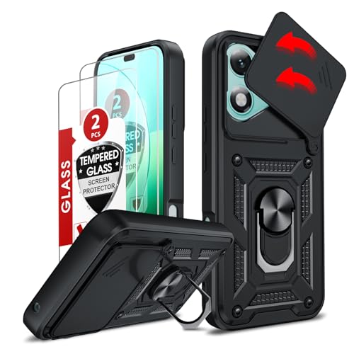 LeYi Handyhülle für Honor 400 Lite 5G Hülle [2 Hartglas Schutzfolie] Kameraschutz Hybrid Schutzhülle Metall Ring Ständer Case Kamera Schiebeabdeckung Militär Handy Cover Schwarz von LeYi