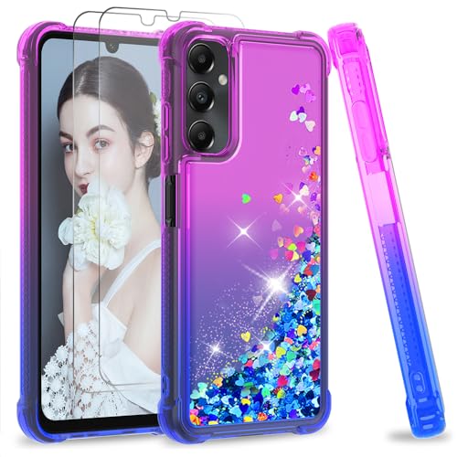 LeYi Handyhülle für Samsung Galaxy A05S Hülle Glitter [2 Hartglas Folie],Glitzer Flüssige Cover Bling Wasser Air Cushion Stoßfest Schutzhülle A 05S Kratzfest Handy Hüllen Case Mädchen Lila Blau von LeYi