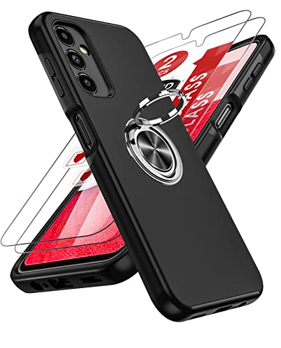 LeYi Handyhülle für Samsung Galaxy A14 5G/4G Hülle mit 2 Schutzfolie, TPU+PC Militärschutz Hybrid Schutzhülle mit 360 Grad Drehbar Metall Ring Ständer Stoßfest Anti-Kratzer A 14 Case Cover Schwarz von LeYi