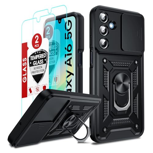LeYi Handyhülle für Samsung Galaxy A16 4G 5G Hülle [2 Hartglas Schutzfolie] Kameraschutz Hybrid Schutzhülle Metall Ring Ständer Case Kamera Schiebeabdeckung Militär A 16 5 G Handy Cover Schwarz von LeYi