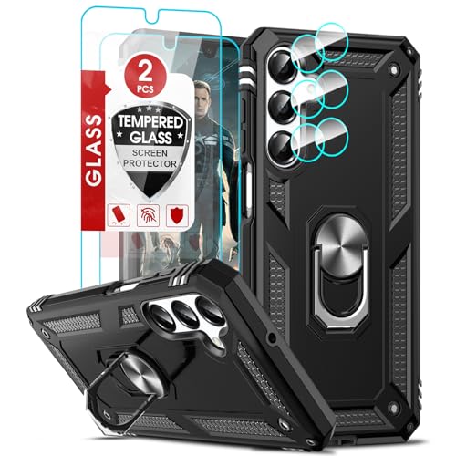 LeYi Handyhülle für Samsung Galaxy A16 4G 5G Hülle [2 Schutzfolie und 2 Kamera Glasfolie] Kameraschutz Militär Stoßfest Handy Hüllen Metall Ring Schutzhülle Ständer Cover Outdoor A 16 5 G Case Schwarz von LeYi