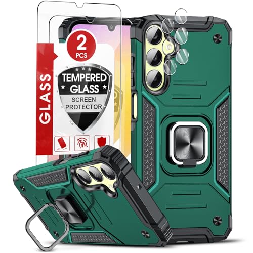 LeYi Handyhülle für Samsung Galaxy A25 5G Hülle mit 2*Panzerfolie & 2*Kamera Schutzfolie, Militärischer Ständer Schutzhülle 360° Metall Ring Halter Stoßfest Hardcase Cover Grün von LeYi