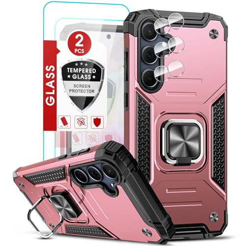 LeYi Handyhülle für Samsung Galaxy A35 5G Rugged Hülle mit 2*Schutzfolie & 2*Kamera Folie, Militärischer Ständer Schutzhülle 360° Metall Ring Halter Stoßfest Hardcase A 35 Cover Rosegold von LeYi