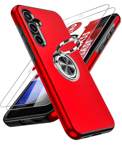 LeYi Handyhülle für Samsung Galaxy S23 FE 5G Hülle mit 2 Stück Schutzfolie, TPU+PC Militärschutz Hybrid Schutzhülle mit 360° Metall Ring Ständer Stoßfest Case Cover Rot von LeYi