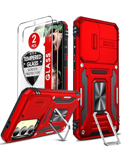 LeYi Handyhülle für Samsung Galaxy S24 FE 5G Hülle [2 Glasfolie Schutzfolie], Militär Standard Kamera Schutz Handy Hüllen Handyhalterung Schutzhülle Outdoor Sturzsicher Cover S 24 FE 5G Case Rot von LeYi