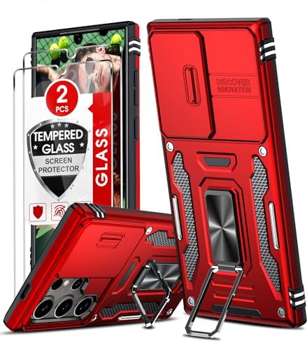 LeYi Handyhülle für Samsung Galaxy S24 Ultra Hülle [2 Glasfolie Schutzfolie], Militär Standard Kameraschutz Handy Hüllen Ständer Schutzhülle Outdoor Kratzfest Cover S 24 Ultra Case Rot von LeYi