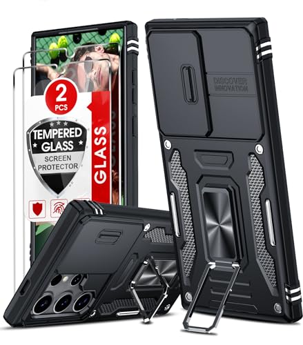 LeYi Handyhülle für Samsung Galaxy S24 Ultra Hülle [2 Glasfolie Schutzfolie], Militär Standard Kameraschutz Handy Hüllen Ständer Schutzhülle Outdoor Kratzfest Cover S 24 Ultra Stoßfest Case Schwarz von LeYi