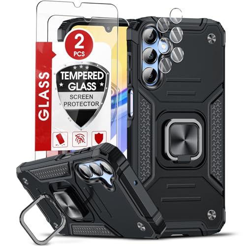 LeYi Handyhülle für Samung Galaxy A15 4G/5G Hülle mit 2*Panzerfolie & 2*Kamera Schutzfolie, Militärischer Ständer Schutzhülle 360° Metall Ring Halter Stoßfest Hardcase A 15 Cover Schwarz von LeYi