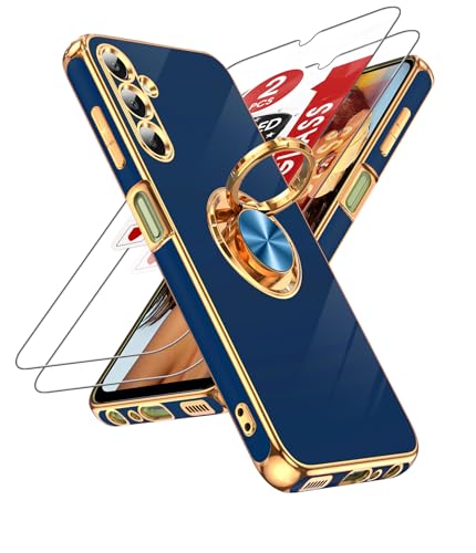 LeYi Handyhülle für Samung Galaxy A25 5G Hülle mit 2 Stück schutzfolie, 360 Grad Drehhalter Metall Ring Ständer A 25 Case Cover, Militär PC TPU Schutzhülle Outdoor Stoßfest Anti-Scratch Blau von LeYi