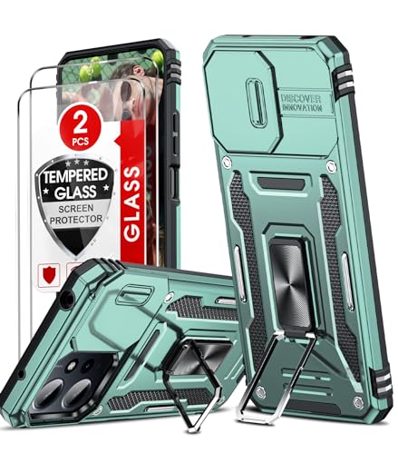 LeYi Handyhülle für Xiaomi Redmi 12 4G / 5G (6.79") Hülle [2 Hartglas Schutzfolie] Kameraschutz Metall Ring Halter Schutzhülle Militär Standard Stoßfest Kratzfest Xiaomi 12 Case Cover Halter Hellgrün von LeYi