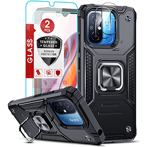 LeYi Handyhülle für Xiaomi Redmi 12C /12 C/11A Handy Hüllen mit 2*Panzerfolie & 2*Kamera Schutzfolie, Rugged Armor Militärischer Hülle Ring Ständer Schutzhülle Stoßfest Hard Case Cover Schwarz von LeYi