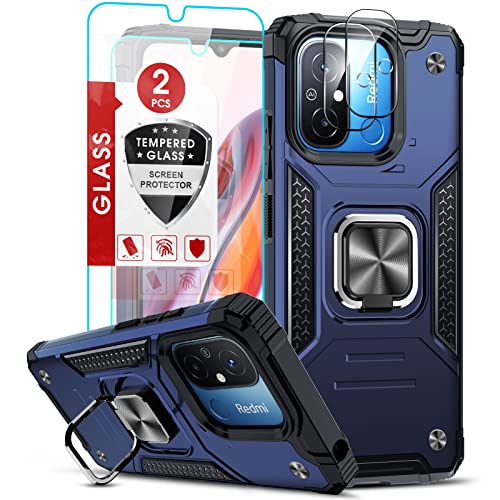 LeYi Handyhülle für Xiaomi Redmi 12C /12 C/11A Handy Hüllen mit 2*Panzerfolie & 2*Kamera Schutzfolie, Rugged Armor Militärischer Hülle Ring Ständer Schutzhülle Stoßfest Hard Case Cover Blau von LeYi