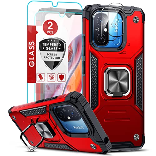 LeYi Handyhülle für Xiaomi Redmi 12C /12 C/11A Handy Hüllen mit 2*Panzerfolie & 2*Kamera Schutzfolie, Rugged Armor Militärischer Hülle Ring Ständer Schutzhülle Stoßfest Hard Case Cover Rot von LeYi