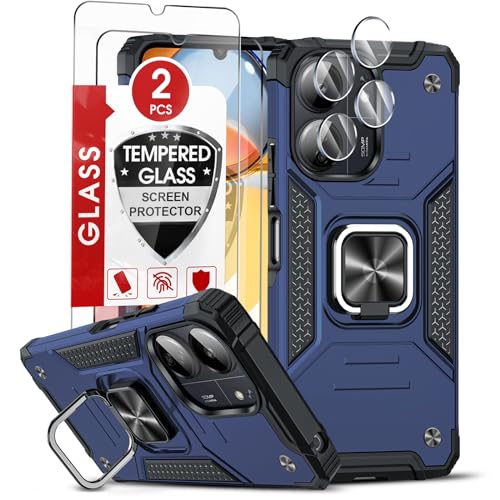 LeYi Handyhülle für Xiaomi Redmi 13 C Hülle mit 2*Schutzfolie & 2*Kamerafolie, Militärischer Ständer 13C 4G/5G Schutzhülle 360° Metall Ring Halter Stoßfest Hardcase Cover Blau von LeYi