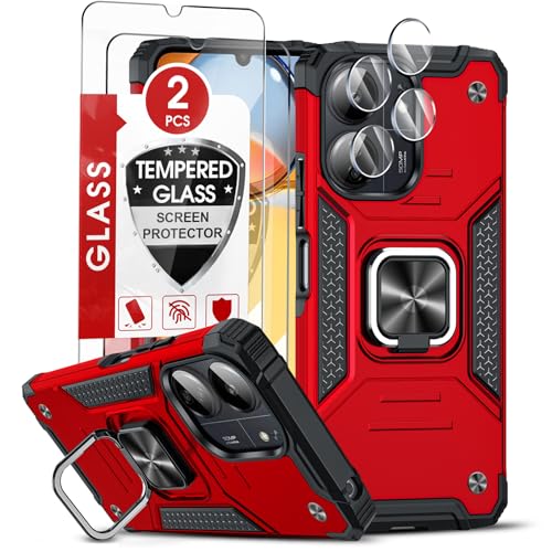 LeYi Handyhülle für Xiaomi Redmi 13 C Hülle mit 2*Schutzfolie & 2*Kamerafolie, Militärischer Ständer 13C 4G/5G Schutzhülle 360° Metall Ring Halter Stoßfest Hardcase Cover Rot von LeYi