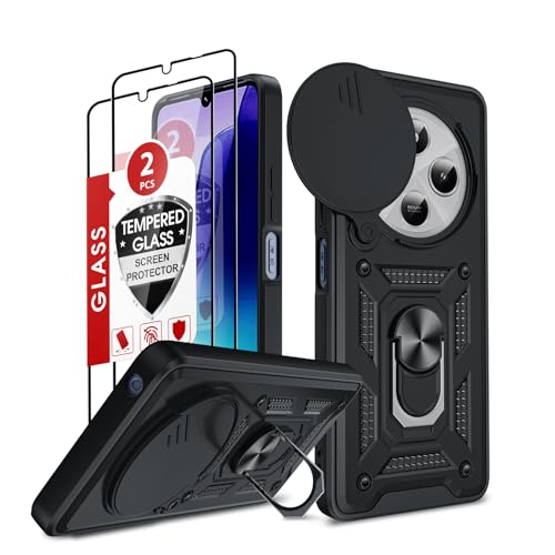 LeYi Handyhülle für Xiaomi Redmi 14 C 4G Hülle [2 Hartglas Schutzfolie] Kameraschutz Hybrid Schutzhülle Metall Ring Ständer Case Kamera Schiebeabdeckung Militär Redmi 14C 4 G Handy Cover Schwarz von LeYi