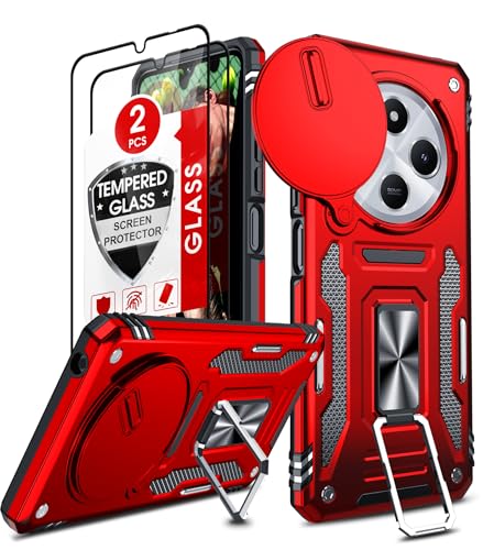 LeYi Handyhülle für Xiaomi Redmi 14C 4G Hülle [2 Schutzfolie Panzerfolie] Military Fallschutz Kamera Schutz Case mit Halterung Schutzhülle Outdoor Stoßfest Cover Redmi 14 C 4 G Handy Hüllen Rot von LeYi
