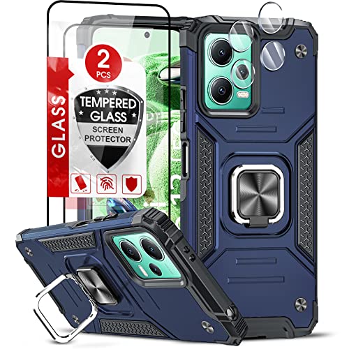 LeYi Handyhülle für Xiaomi Redmi Note 12 5G/Poco X5 5G Hülle mit 2*Panzerfolie & 2*Kamera Schutzfolie, Rugged Armor Militärischer Ständer Schutzhülle 360° Ring Handy Case Cover Blau von LeYi