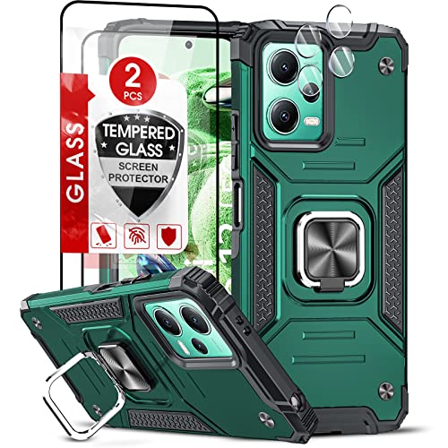 LeYi Handyhülle für Xiaomi Redmi Note 12 5G/Poco X5 5G Hülle mit 2*Panzerfolie & 2*Kamera Schutzfolie, Rugged Armor Militärischer Ständer Schutzhülle 360° Ring Handy Case Cover Dunkelgrün von LeYi