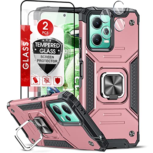 LeYi Handyhülle für Xiaomi Redmi Note 12 5G/Poco X5 5G Hülle mit 2*Panzerfolie & 2*Kamera Schutzfolie, Rugged Armor Militärischer Ständer Schutzhülle 360° Ring Handy Case Cover Rosa von LeYi