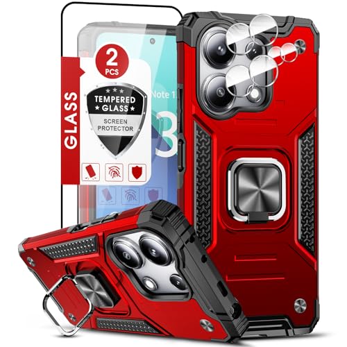 LeYi Handyhülle für Xiaomi Redmi Note 13 4G Hülle (Nicht für 5G) mit 2*Schutzfolie & 2*Kamera Folie, Rugged Militärischer Ständer Schutzhülle 360° Metall Ring Stoßfest Hardcase Cover Case Rot von LeYi