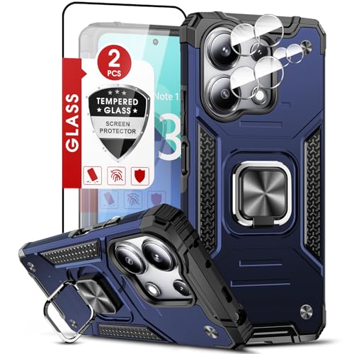 LeYi Handyhülle für Xiaomi Redmi Note 13 4G Hülle (Nicht für 5G) mit 2*Schutzfolie & 2*Kamera Folie, Rugged Militärischer Ständer Schutzhülle 360° Metall Ring Stoßfest Hardcase Cover Case Blau von LeYi