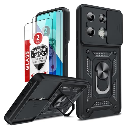 LeYi Handyhülle für Xiaomi Redmi Note 13 4G Hülle [2 Hartglas Schutzfolie] Kameraschutz Hybrid Schutzhülle Metall Ring Ständer Cover Kamera Schiebeabdeckung Militär RedmiNote13 4 G Handy Case Schwarz von LeYi