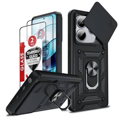 LeYi Handyhülle für Xiaomi Redmi Note 14 5G [Nicht für 4G] Hülle mit 2 Hartglas Schutzfolie Kameraschutz Hybrid Schutzhülle Metall Ring Ständer Case Kamera Militär Note14 5 G Handy Cover Schwarz von LeYi