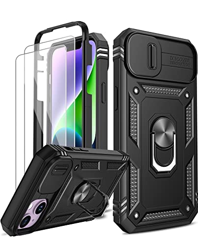 LeYi Handyhülle für iPhone 14 Hülle 6.1" mit 2 Hartglas Schutzfolie, Kamera Schiebeabdeckung Schutzhülle 360 Grad iPhone 14 Case Cover mit Ring Ständer Hybrid Military Stoßfeste Handy Hüllen Schwarz von LeYi