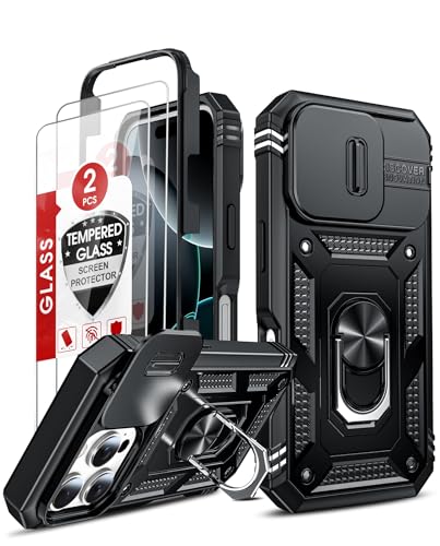 LeYi Handyhülle für iPhone 16 Pro Max 5G Hülle [2 Hartglas Schutzfolie] Kameraschutz Metall Ring Ständer Case Kamera Schiebeabdeckung Schutzhülle für Apple i Phone 16 Promax Handy Cover Schwarz von LeYi