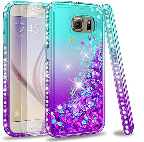 LeYi Hülle Galaxy S6 Glitzer Handyhülle mit Panzerfolie Schutzfolie(2 Stück),Cover Diamond Rhinestone Bumper Schutzhülle für Case Samsung Galaxy S6 Handy Hüllen Gradient Turquoise Purple von LeYi